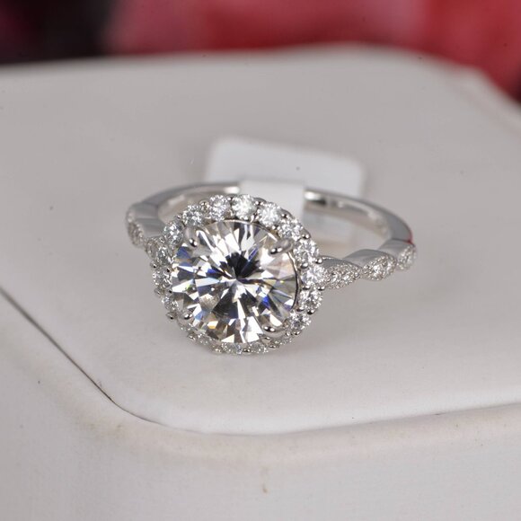 Certified Art Deco 3.0ct Halo Moissanite Engagement Ring - Picture 1 of 8